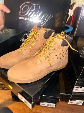 Pastry women’s Tan Suede Ankle Boots with Gold Studs and Yellow Laces